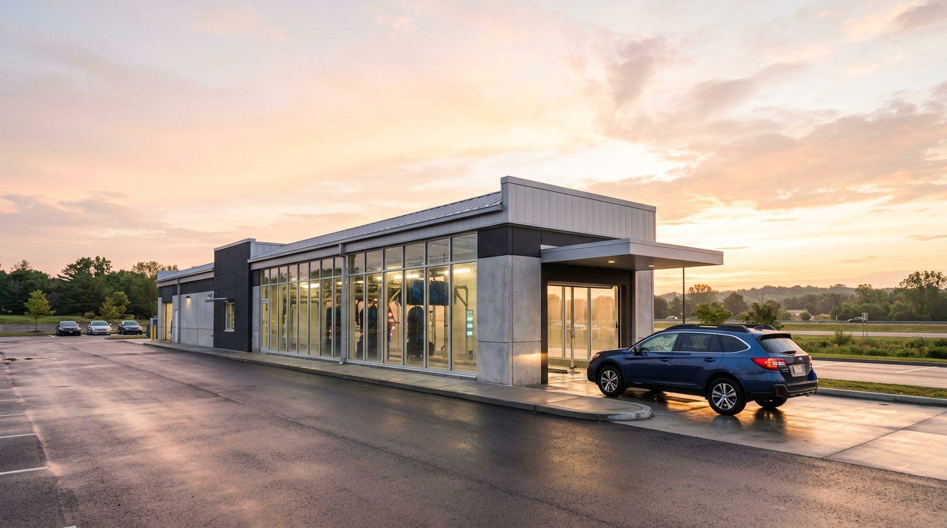 A generated picture of a tunnel car wash at sunrise with a freshly washed blue car leaving