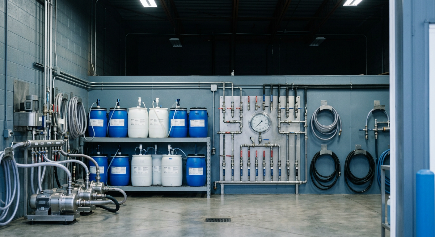 A generated picture of a tidy wash equipment room with pumps, chemical drums and a valve board