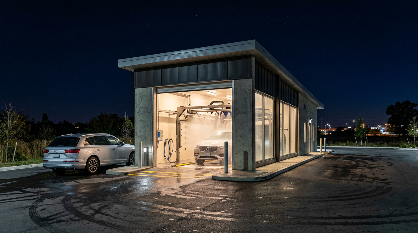 A generated picture of a single-bay automatic car wash at night, light spilling from the open bay onto wet asphalt