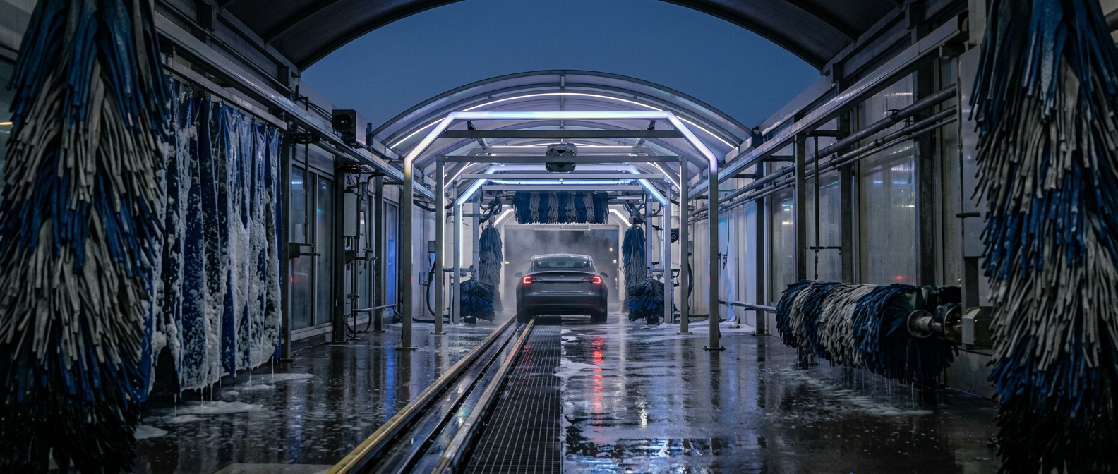 A generated picture of an automatic car wash tunnel at dusk, a grey car at the far end under blue light